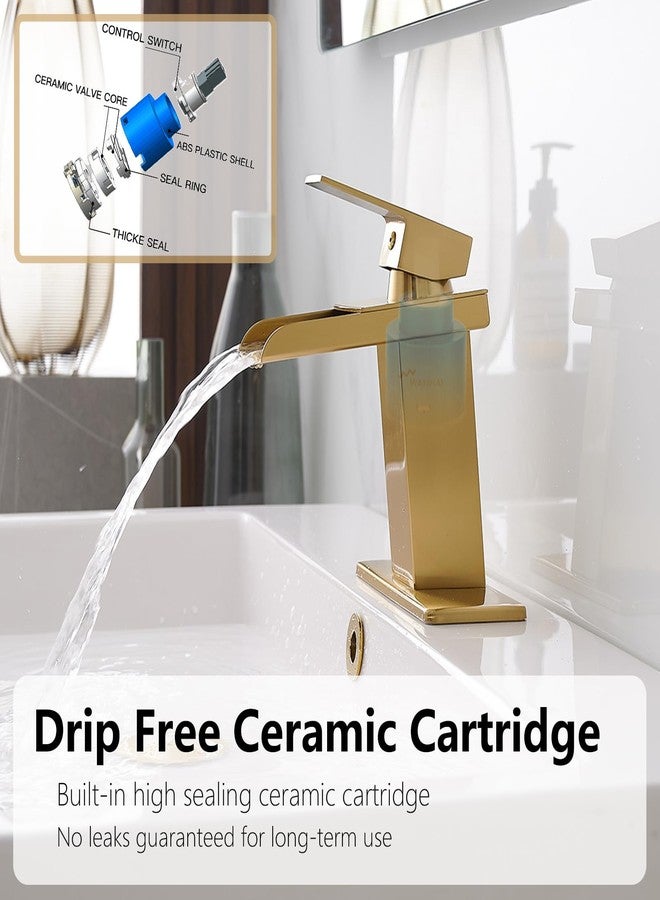 BATHLAVISH Gold Bathroom Faucet Waterfall Single Hole Sink Brushed Gold Single Handle with Pop Up Drain with Overflow Vanity Lavatory Mixer Tap Modern Deck Mount - Image 4
